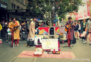 Three buskers, three instruments and three Sri Lankan outfits. | Weekly Photo Challenge: Threes.